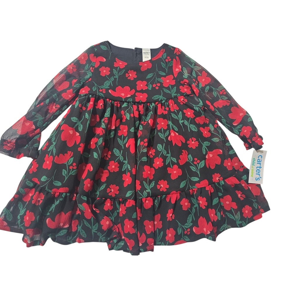 Carters Girls‎ Red Floral Chiffon Dress Long Sleeve 2T flower NWT